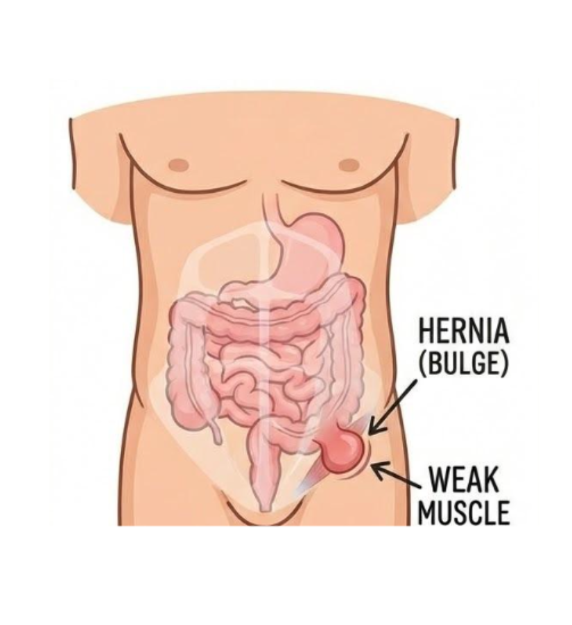 Medical illustration of an inguinal hernia in the groin