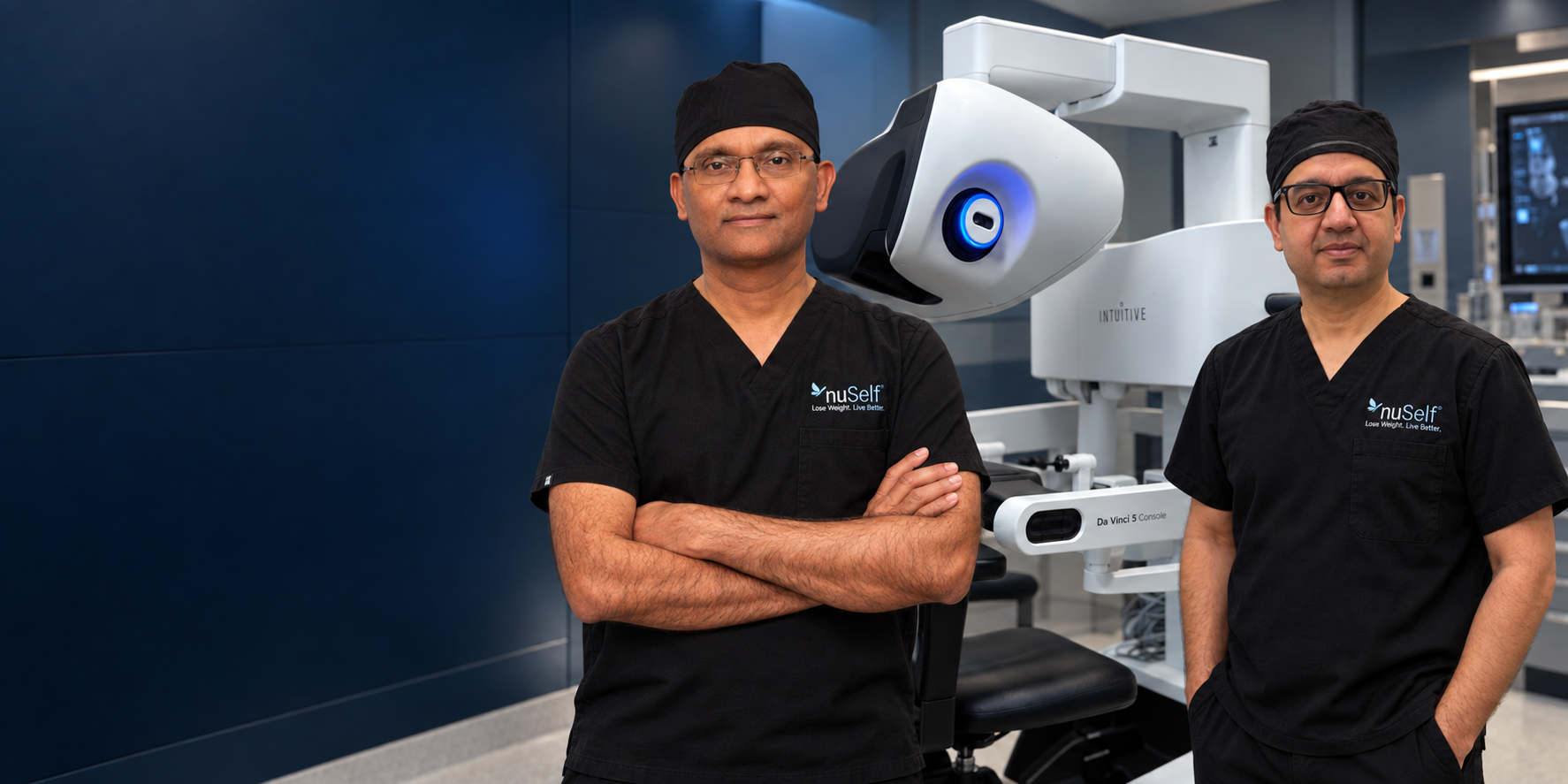 Dr. Sashidhar Ganta and Dr. Suraj Panjwani beside the da Vinci 5 surgical console